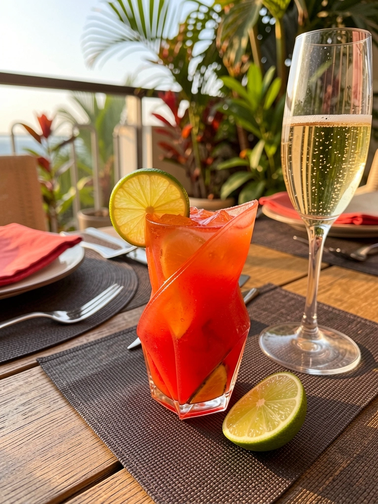 Caipiroska vermelha com lima em mesa de madeira, copo de espumante ao lado, luz natural e varanda com plantas tropicais ao fundo.
