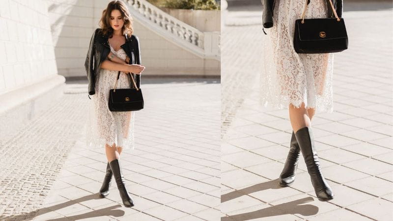 combinação vestido preto bota cano curto meia calça