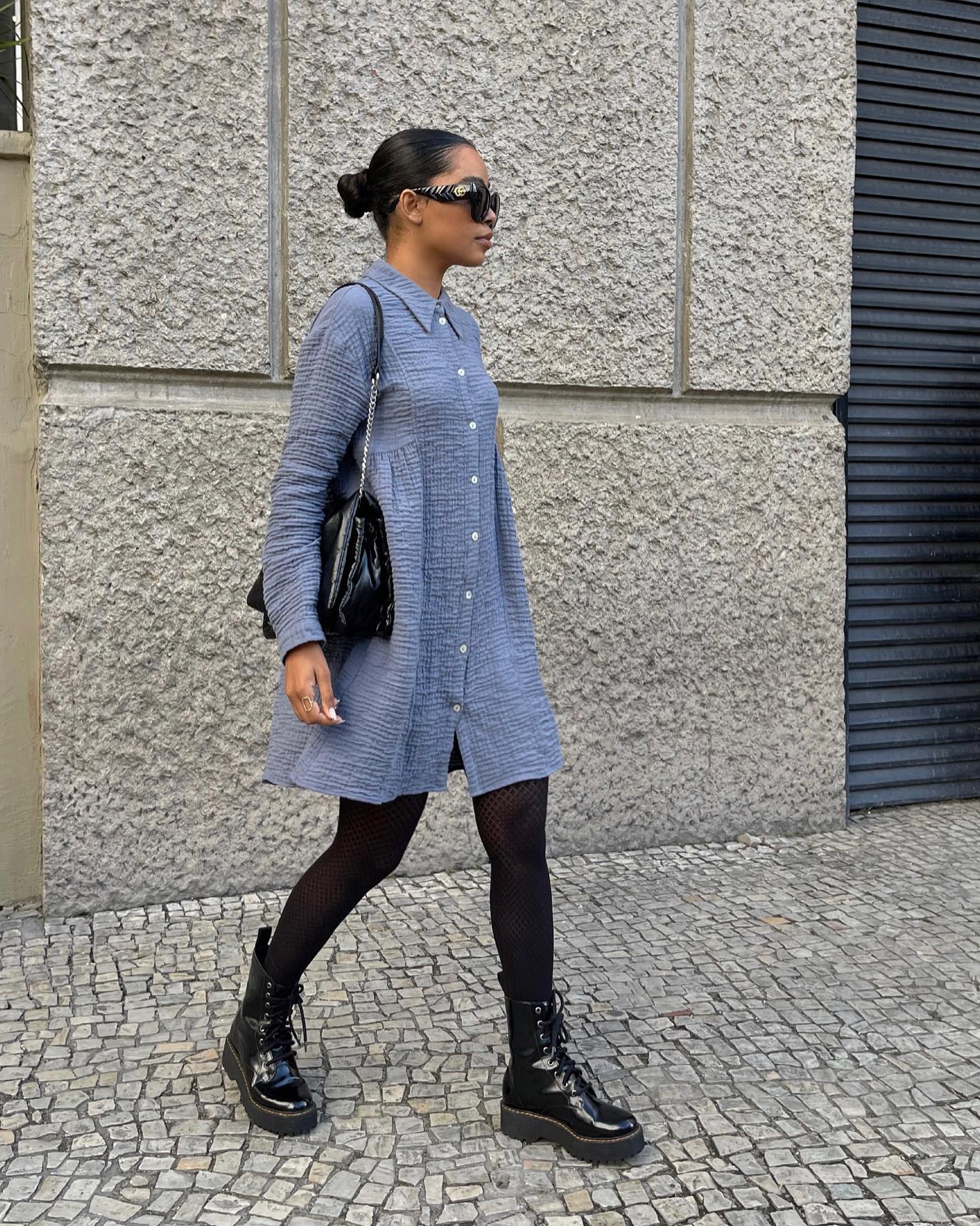 bota marrom vestido meia calça como usar