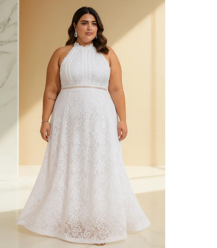 vestido de noiva linha A gola alta