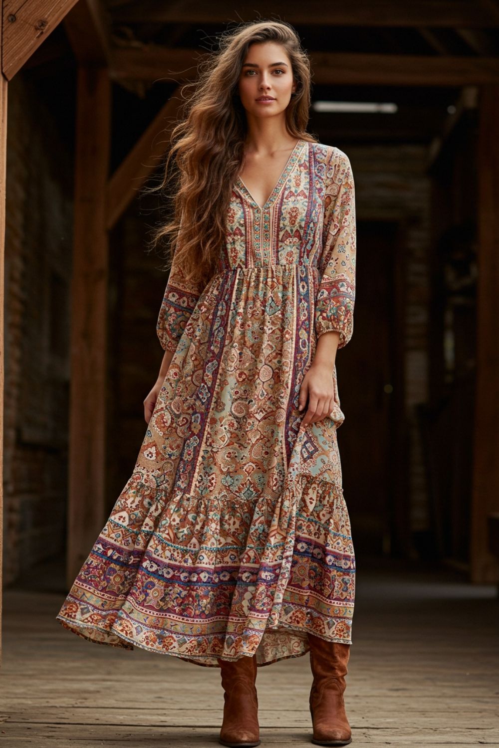 vestido longo estampado com bota