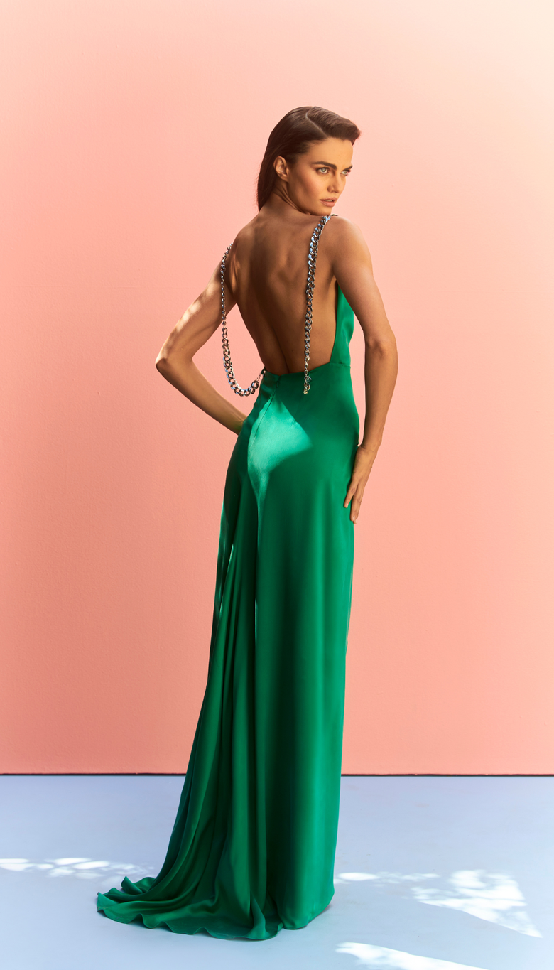 vestido longo de seda com decote V