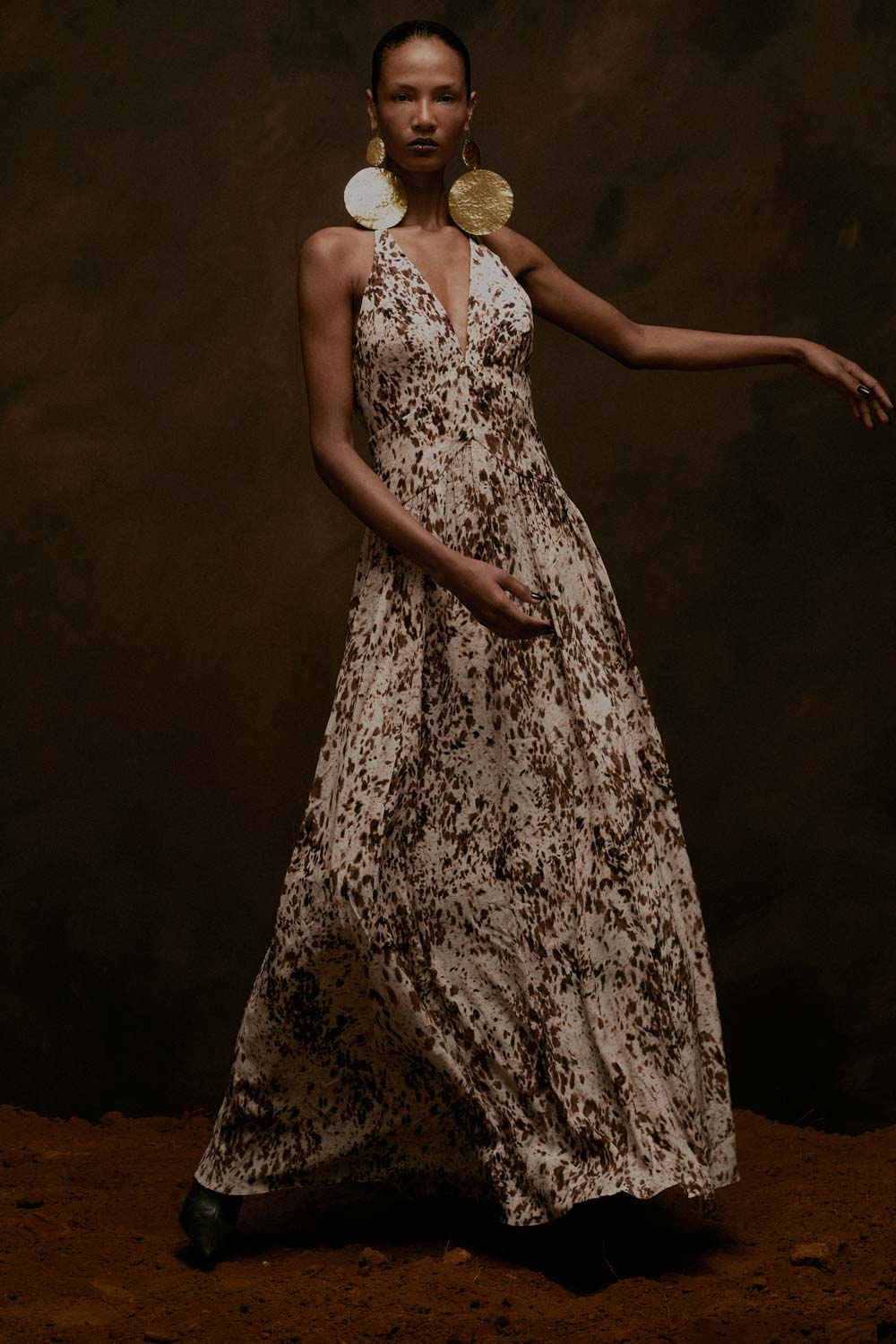 vestido longo de seda estampado